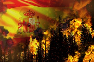 Big forest fire fight concept, natural disaster - infernal fire in the trees on Spain flag background - 3D illustration of nature