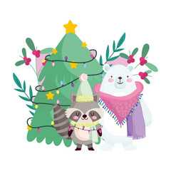 Naklejka premium merry christmas, bear raccoon with tree and lights celebration icon isolation