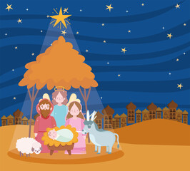 nativity, manger scene mary joseph baby angel and animals cartoon
