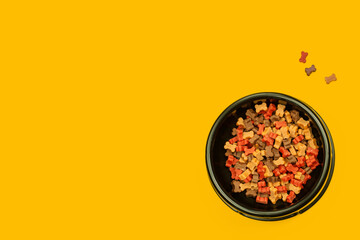 Dog dry crunchies in form of bone is in black color dog plate. Crunchy natural puppy treats and nutrition. Text space. Mustard  color