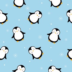 Cute baby penguins with snowflakes seamless pattern on blue background. Funny kids design.