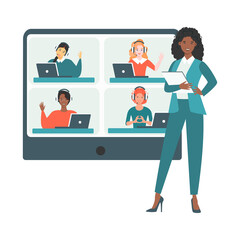 Professionals Teamwork Flat Vector Banner with Multinational Female Employees on Computer Monitor, Company Workers Communicating in Internet Illustration. Business Team Distant Work Concept