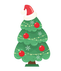 Christmas tree with Christmas balls and in a Santa hat. Vector illustration.