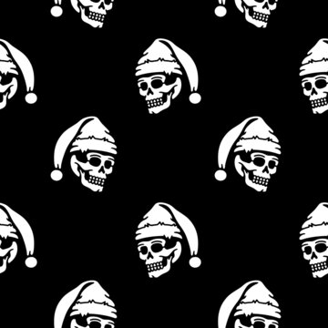 skull in a new year's hat on a black background seamless pattern