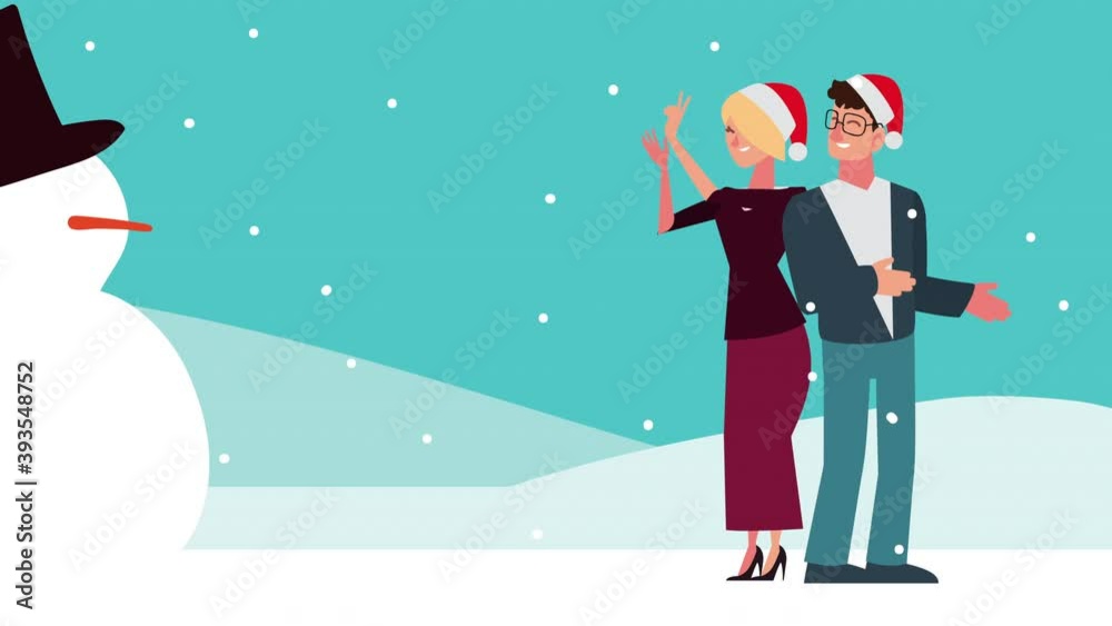 Poster happy merry christmas animation with couple dancing and snowman in snowscape