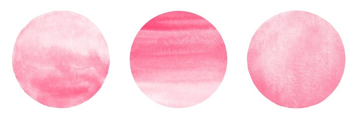 Obraz na płótnie Canvas Pink watercolor circles set, collection. Round shapes, painted frames, Valentine's or Women day backgrounds with stains. Light blush pink, rose watercolour texture. Hand drawn abstract aquarelle fill.