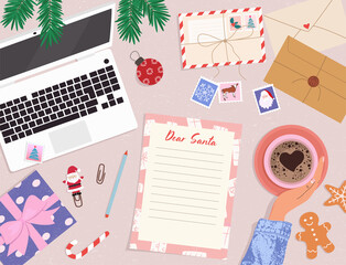 Writing letter to Santa Claus wish list. Hand, cup of coffee and dreams. Envelopes, laptop and postcards, stamp, gift, gingerbread on the table. Top down view. Modern vector illustration for design