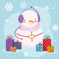 merry christmas, cute snowman with earmuffs and gifts snowflakes decoration