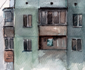 Multi-storey building, panel building, balconies, house windows, wires, gray sky, rainy weather, watercolor illustration, clothes drying on ropes, slums.