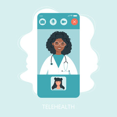 Virtual doctor app flat vector illustration. Mobile consultation, smart medical assistance. Modern telemedicine, eHealth concept, telehealth, Coronavirus Covid-19, quarantine motivational poster.
