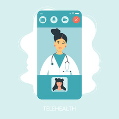 Virtual doctor app flat vector illustration. Mobile consultation, smart medical assistance. Modern telemedicine, eHealth concept, telehealth, Coronavirus Covid-19, quarantine motivational poster.
