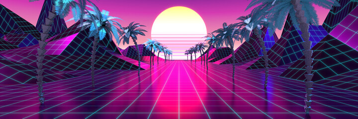 Fototapeta premium 3D violet and pink retro, futuristic 80's design - sun, mountains and palm trees