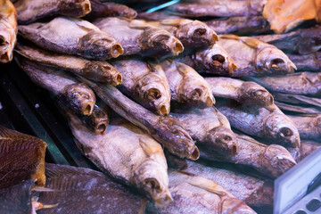 dried fish chekhon on the counter of the store