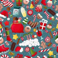 Christmas elements pattern. Colorful winter new year holiday background with traditional xmas icons. Vector christmas food and decoration symbols. Many types winter theme objects. Gingerbread, gift.