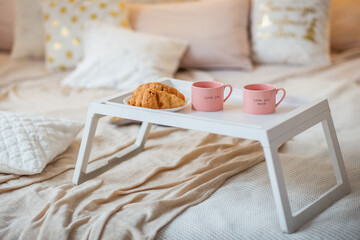 Christmas treats, croissants, cups, still life, Breakfast in bed, sweets, new year, new year decorations