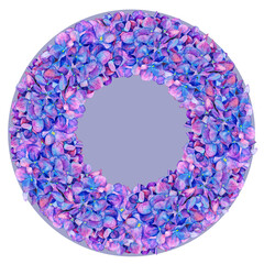 hydrangea. Frame made of flowers. Flowers in a circle. Purple petals watercolor illustration for invitations and holidays