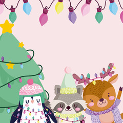 merry christmas, cute animals with tree and lights decoration