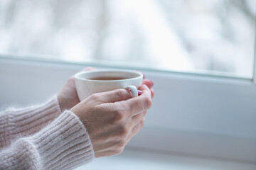 Tea drinking. The woman in a knitted, white pullover holds a cup of hot tea in her hands. Cozy weekends, winter drinks.