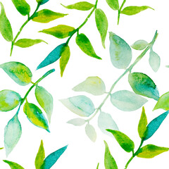 Seamless watercolor pattern with green leaves on white background. 