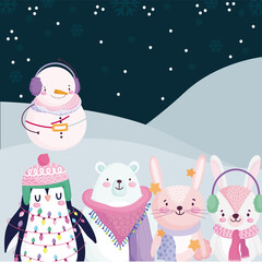 merry christmas, cute snowman and animals in the snow night sky