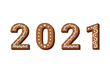 Merry Christmas and Happy New Year 2021. Gingerbread  number 2021 made of cookies. Vector illustration.