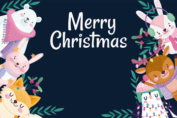 Fototapeta na wymiar merry christmas, greeting card rabbit bear penguin deer and fox holly berry