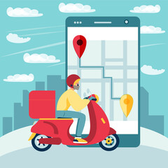 Scooter with delivery man flat vector cartoon character. Fast courier. Restaurant food service, mail delivery service, a postal employee the determination of geolocation using electronic device
