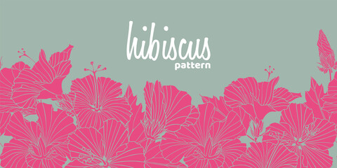 Pattern with flowers of hibiscus. Horizontal banner with red blossoms on a gray and place for text. Linear texture. A drawing with ink contours of hibiscus. Tropical trendy exotic floral background. © Iana