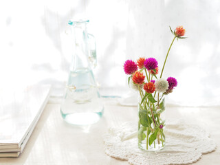 水に挿したセンニチコウの花