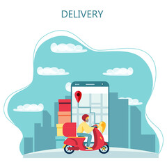 Scooter with delivery man flat vector cartoon character. Fast courier. Restaurant food service, mail delivery service, a postal employee the determination of geolocation using electronic device
