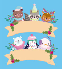 Obraz na płótnie Canvas merry christmas, cute animals with hats holly berry ribbon decoration