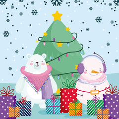 merry christmas, cute snowman polar bear with gifts and tree, snowflakes background