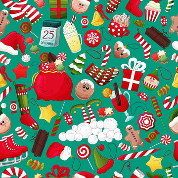 Christmas and New Year pattern. Colorful winter holiday background with traditional xmas element. Vector christmas icons food and decoration symbols. Many types winter theme objects. Festive wallpap