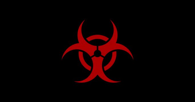 Biohazard warning symbol and danger distorted text on retro tv background. Abstract concept of virus, science, research and biological alert with glitch effect. Seamless loopable rendering animation.