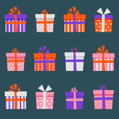 Christmas presents different boxes with ribbons. Vector illustration in flat style
