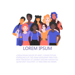 Multicultural group of people is standing together. Team of colleagues, students, happy men and women. Multinational society. Friendship, teamwork and cooperation. Vector flat illustration.
