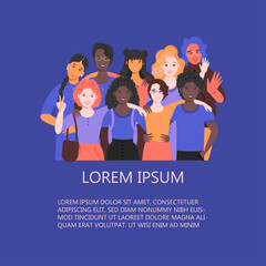Multicultural group of people is standing together. Team of colleagues, students, happy men and women. Multinational society. Friendship, teamwork and cooperation. Vector flat illustration.