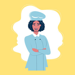Female african-american chef cooker. Smiling chief cooker in uniform and hat standing with arms crossed. Vector flat design illustration 