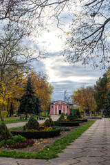 Empty wooden benches and picturesque autumn park	