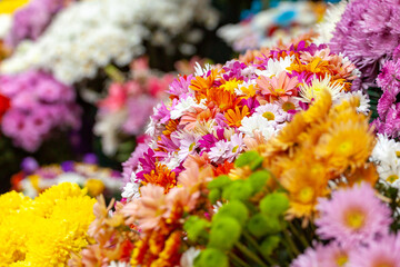 Colourful bouquet of blooming flowers in outdoor market, Tbilisi