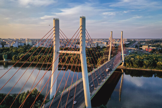 Drone view of Siekierkowski Bridge over River Vistula in Warsaw, capital of Poland