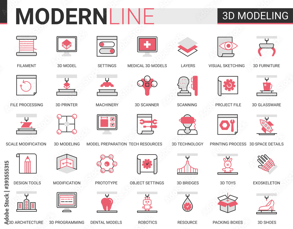 Aufkleber 3d printing science technology flat line web icon vector illustration set, 3d modelling modern cyber