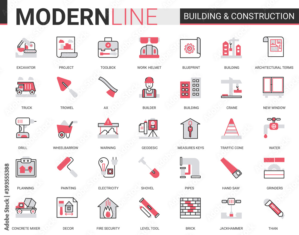 Aufkleber building construction thin red black line icons vector illustration set, outline constructing websit