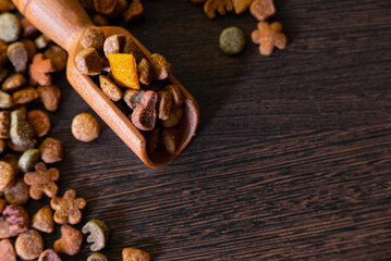 Top view of healthy dry pet food with copy space