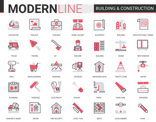 Building construction thin red black line icons vector illustration set, outline constructing website symbols collection with builders tools and crane equipment, city architecture development