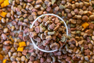 Top view of colorful dry pet food in a white ceramic bowl