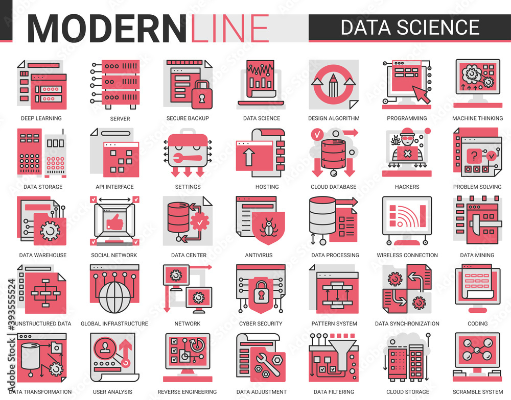 Aufkleber Data science complex concept flat line icon vector set with outline symbols collection scientific technology in database storage internet systems, cyber security of network connection