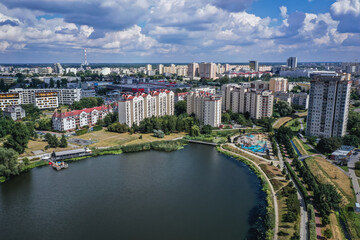 Artifical lake in Goclaw housing estate, part of South Praga district of Warsaw, capital of Poland