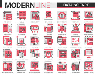 Data science complex concept flat line icon vector set with outline symbols collection scientific technology in database storage internet systems, cyber security of network connection