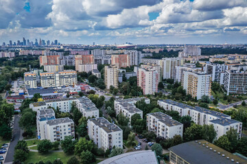 Fototapeta na wymiar Drone aerial view in Goclaw housing estate, part of South Praga district of Warsaw, capital of Poland